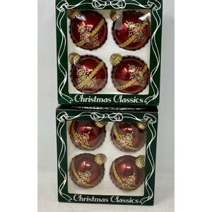 Vintage Christmas By Krebs Red Gold Ribbon Glass Ornaments Embroidered Set of 8